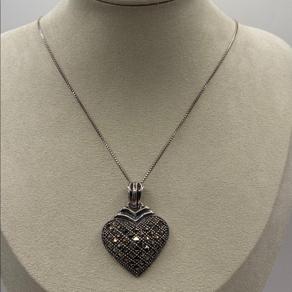 Sterling Silver 925 Marcasite Heart Pendant Necklace 17.5”L